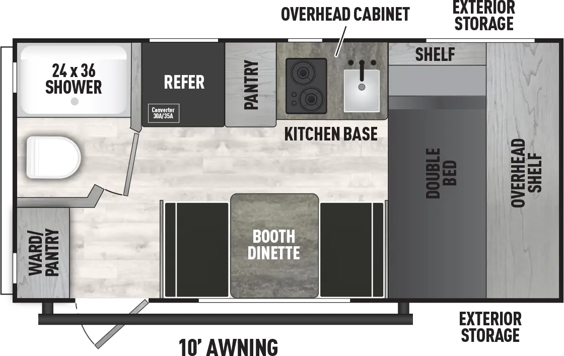 The 16CFB has zero slideouts and one entry. Exterior features front storage and 10 foot awning. Interior layout front to back: double bed with overhead shelf and off-door side shelf; door side booth dinette, entry, and rear wardrobe/pantry; off-door side kitchen bas with overhead cabinet, pantry, and refrigerator with 30A/35A converter; rear off-door side shower and toilet.